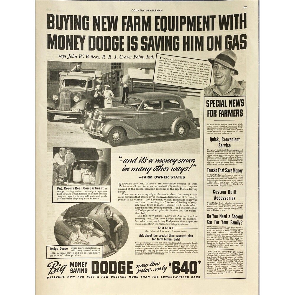 Dodge "Buying Farm Equipment with Money Saved on Gas Driving a Dodge" Vtg Ad '36